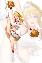Rule 34 | 1girl, armpits, ayase eli, blonde hair, blue eyes, boots, footwear bow, breasts, buttons, cheerleader, flexible, footwear bow, full body, hair ornament, hair scrunchie, highres, kneepits, long hair, love live!, love live! school idol project, medium breasts, midriff, navel, one eye closed, open mouth, panties, pleated skirt, pom pom (cheerleading), ponytail, pupps, scrunchie, shirt, skirt, sleeveless, solo, split, standing, standing on one leg, standing split, tied shirt, underwear, white footwear, white panties, white scrunchie, wristband