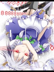 Rule 34 | 1girl, apron, black thighhighs, blue dress, boots, bow, braid, dress, female focus, garter straps, glowing, glowing eyes, hair ribbon, highres, izayoi sakuya, knee boots, knife, letterboxed, light trail, looking at viewer, maid, maid apron, maid headdress, makuran, pocket watch, puffy sleeves, red eyes, ribbon, short sleeves, silver hair, smile, solo, thighhighs, touhou, twin braids, upside-down, waist apron, watch, zettai ryouiki