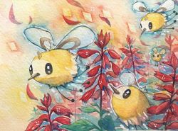 Rule 34 | black eyes, commentary request, creatures (company), cutiefly, falling petals, flying, game freak, gen 7 pokemon, highres, leaf, looking up, nintendo, no humans, painting (medium), petals, pokemon, pokemon (creature), ras (my-your-music), traditional media, watercolor (medium)