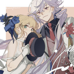 Rule 34 | absurdres, artoria pendragon (all), artoria pendragon (fate), blonde hair, blue flower, dress, fate/grand order, fate (series), flower, formal, gloves, green eyes, grey hair, hat, highres, long hair, merlin (fate), necktie, ponytail, purple eyes, red tie, saber lily, short hair, signature, smile, suit, white dress, white hair, white suit, zhibuji loom