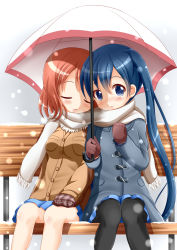 Rule 34 | 10s, 2girls, bench, black legwear, blue eyes, blue hair, blue skirt, blush, breast pocket, breasts, brown gloves, brown hair, buttons, closed eyes, coat, commentary request, gloves, hair between eyes, highres, inokuma youko, kin-iro mosaic, komichi aya, leaning on person, long hair, long sleeves, looking at viewer, multiple girls, pantyhose, parted lips, plaid, pleated skirt, pocket, scarf, shared clothes, shared scarf, shared umbrella, short hair, sitting, skirt, snow, snowing, twintails, umbrella, white scarf, xenon (for achieve)