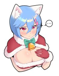 Rule 34 | ..., 1girl, :/, animal ear fluff, animal ears, aqua bow, aqua bowtie, arm under breasts, blue hair, blush, bow, bowtie, breasts, capelet, cat ears, cleavage, closed mouth, cropped torso, crossed bangs, dress, from above, fur-trimmed capelet, fur-trimmed dress, fur-trimmed gloves, fur collar, fur trim, gloves, hair between eyes, hair ornament, hairclip, hand on own chest, hand up, large breasts, looking at viewer, looking up, neck bell, nekobao, original, red capelet, red eyes, red gloves, santa costume, short hair, simple background, solo, spoken ellipsis, swept bangs, v-shaped eyebrows, white background, x hair ornament