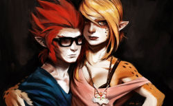 Rule 34 | 1boy, 1girl, arm around shoulder, blonde hair, bra strap, breasts, carlos villa, cheetara, cleavage, couple, glasses, hetero, hipster, jewelry, lion-o, lipstick, looking at viewer, makeup, medium breasts, necklace, original, pale skin, pendant, pointy ears, red eyes, red hair, snarf, spiked hair, swept bangs, thundercats, yellow eyes
