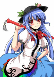 Rule 34 | 1girl, absurdres, blue hair, blush, female focus, food, fruit, hat, highres, hinanawi tenshi, hirayama-h, long hair, peach, red eyes, simple background, smile, solo, standing, sword, sword of hisou, touhou, weapon, white background