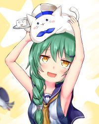 Rule 34 | 1girl, animal, animal on head, armpits, arms up, azur lane, blush stickers, braid, breasts, cat, commentary request, foote (azur lane), green hair, hair ornament, hairclip, hat, long hair, manatu kato, on head, open mouth, plate, portrait, side braid, simple background, small breasts, solo, yellow eyes