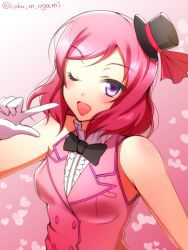 Rule 34 | 10s, 1girl, ;d, black bow, bow, bowtie, eyebrows, finger to mouth, gloves, hat, index finger raised, korekara no someday, looking at viewer, love live!, love live! school idol project, mini hat, nishikino maki, one eye closed, ookami maito, open mouth, pink hair, purple eyes, short hair, smile, solo, upper body, white gloves