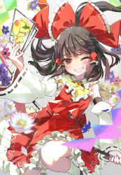 Rule 34 | 1girl, anemone (flower), arm up, armpit peek, ascot, bare shoulders, blunt bangs, blurry, blush, bow, breasts, brown eyes, brown footwear, brown hair, card, commentary request, depth of field, detached sleeves, feet out of frame, floating hair, floral background, flower, frilled bow, frilled hair tubes, frilled shirt collar, frills, gohei, grin, hair bow, hair tubes, hakurei reimu, hand up, highres, holding, holding card, holding stick, kneehighs, looking at viewer, medium hair, midriff peek, miracle mallet, one eye closed, petticoat, pink flower, purple flower, red bow, red skirt, red vest, ribbon-trimmed sleeves, ribbon trim, sarashi, sidelocks, simple background, skirt, skirt set, small breasts, smile, socks, solo, stick, syuri22, touhou, unconnected marketeers, vest, white background, white socks, yellow ascot