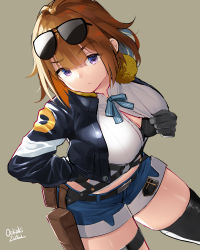 Rule 34 | 1girl, artist name, black bra, black gloves, black thighhighs, bra, bra peek, breasts, brown hair, button gap, closed mouth, clothes pull, dress pull, eyes visible through hair, eyewear on head, girls&#039; frontline, gloves, grey background, grizzly mkv (girls&#039; frontline), gun, hair between eyes, highres, jacket, large breasts, leaning forward, looking at viewer, oekakizuki, pulling own clothes, purple eyes, shirt, short hair, shorts, signature, simple background, solo, standing, sunglasses, thighhighs, underwear, weapon, white shirt