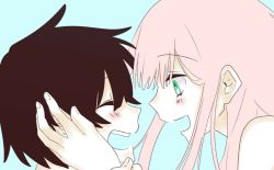 Rule 34 | 10s, 1boy, 1girl, bad id, bad twitter id, black hair, blush, closed eyes, commentary request, couple, darling in the franxx, face-to-face, facing another, green eyes, hand on another&#039;s face, hetero, hiro (darling in the franxx), long hair, looking at another, pink hair, short hair, sui 0427, zero two (darling in the franxx)