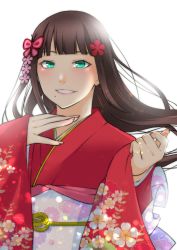 Rule 34 | 1girl, aqua eyes, artist name, artist request, black hair, blush, butterfly hair ornament, clenched hand, female focus, floral print, flower, flower print, green eyes, hair ornament, highres, japanese clothes, kimono, kurosawa dia, long hair, looking at viewer, love live!, love live! sunshine!!, mirukixtotoko, mole, mole under mouth, parted lips, red flower, red kimono, smile, solo, upper body, white background