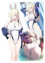 1girl akita_hika animal_ears armpits arms_behind_head arms_up ass bare_shoulders bent_over blonde_hair blue_archive blue_eyes blue_jacket breasts closed_eyes collarbone dog_ears extra_ears hair_over_one_eye halo highleg highleg_one-piece_swimsuit highres jacket kanna_(blue_archive) kanna_(swimsuit)_(blue_archive) large_breasts long_hair long_sleeves looking_at_viewer looking_back multiple_views off_shoulder one-piece_swimsuit open_mouth ponytail sidelocks swimsuit thighs white_one-piece_swimsuit