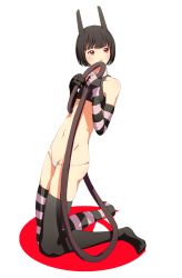 Rule 34 | 1girl, asymmetrical legwear, black hair, bottomless, elbow gloves, full body, gloves, lowleg, lowleg panties, mismatched legwear, no pants, panties, red eyes, solo, sousou (sousouworks), striped clothes, striped thighhighs, tail, thighhighs, underwear