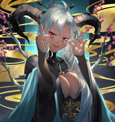 Rule 34 | 1girl, adjusting eyewear, breasts, bridal gauntlets, cleavage, fediel (granblue fantasy), fediel (soul soother&#039;s finery) (granblue fantasy), glasses, granblue fantasy, hands up, highres, horns, large breasts, long hair, looking at viewer, open mouth, pink eyes, round eyewear, skymax, solo, upper body, white hair