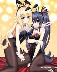 Rule 34 | 2girls, absurdres, animal ears, bare shoulders, black hair, black legwear, black leotard, blonde hair, blue eyes, blush, braid, breasts, card, cleavage, closed mouth, commentary, english commentary, fake animal ears, fake tail, feet out of frame, hair between eyes, hair ornament, highres, holding, holding card, large breasts, leotard, long hair, looking at viewer, medium breasts, multiple girls, neptune (series), noire (neptunia), open mouth, pantyhose, playboy bunny, rabbit ears, rabbit tail, red eyes, smile, strapless, strapless leotard, tail, twintails, vert (neptunia), very long hair, watermark, web address, weresdrim, wrist cuffs