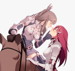 Rule 34 | 2girls, armor, blush, breastplate, breasts, cordelia (fire emblem), closed eyes, fire emblem, fire emblem awakening, hair ornament, horse, long hair, looking at another, multiple girls, nintendo, red hair, simple background, sumia (fire emblem), ujugn, yuri