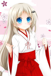 Rule 34 | 1girl, alternate costume, bat hair ornament, blue eyes, blush, cherry blossom print, chibinon, clenched hands, closed mouth, commentary request, cowboy shot, eyelashes, flat chest, floral print, hair ornament, hakama, hakama skirt, hands up, japanese clothes, kimono, light brown hair, little busters!, long hair, long sleeves, looking at viewer, miko, miko day, noumi kudryavka, parted bangs, pink background, red hakama, red ribbon, ribbon, sidelocks, simple background, skirt, smile, solo, standing, straight hair, very long hair, white kimono, wide sleeves