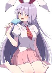Rule 34 | 1girl, absurdres, animal ears, barefoot, blush, collared shirt, food, highres, holding, holding food, long hair, necktie, open mouth, pink skirt, pleated skirt, popsicle, puffy short sleeves, puffy sleeves, purple hair, rabbit ears, red eyes, red necktie, reisen udongein inaba, shirt, short sleeves, simple background, sitting, skirt, solo, touhou, tsukimirin, wariza, white background, white shirt
