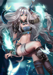 Rule 34 | 1girl, armor, bandages, boots, breasts, gloves, green eyes, headband, knee boots, long hair, looking at viewer, mon, mon (monsohot), navel, original, silver hair, single glove, small breasts, solo, sword, very long hair, weapon