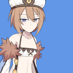 Rule 34 | 1girl, absurdres, blanc (neptunia), blue background, blue eyes, bluebutter, breasts, brown hair, choujigen game neptune, commentary, detached sleeves, eyes visible through hair, frown, fur-trimmed sleeves, fur trim, hat, highres, medium hair, midriff, navel, neptune (series), small breasts, solo, spaghetti strap, upper body