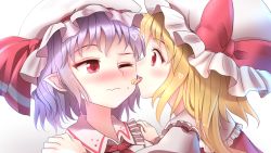Rule 34 | 2girls, arms at sides, blonde hair, blush, licking another&#039;s cheek, licking another&#039;s face, fang, flandre scarlet, food, food on face, hands on another&#039;s shoulders, hat, hat ribbon, heart, incest, licking, light purple hair, looking at another, minust, mob cap, multiple girls, nose blush, one eye closed, open mouth, pointy ears, red eyes, remilia scarlet, ribbon, short hair, siblings, side ponytail, sisters, slit pupils, tongue, tongue out, touhou, vampire, wavy mouth, yuri
