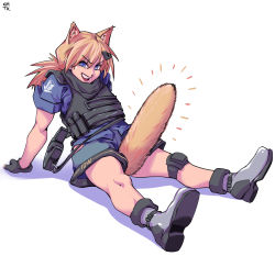 Rule 34 | 1girl, :d, absurdres, animal ears, black gloves, blonde hair, blue eyes, blue shorts, boots, cat ears, cat girl, cat tail, chtv (tarreban), full body, girls&#039; frontline, gloves, grey footwear, hair between eyes, hair ornament, highres, idw (girls&#039; frontline), idw (mod3) (girls&#039; frontline), looking at viewer, on floor, open mouth, phallic symbol, short sleeves, shorts, sitting, sleeves rolled up, smile, solo, tactical clothes, tail, teasing, teeth, twintails, vest, white background