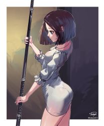 Rule 34 | 00s, 1girl, artist name, ass, black hair, blue dress, blue eyes, breasts, closed mouth, cowboy shot, cross, cross necklace, dress, dungeon and fighter, female priest (dungeon and fighter), frilled sleeves, frills, from side, highres, holding, holding staff, impossible clothes, jewelry, katana, looking down, necklace, pole, profile, short hair, short sleeves, signature, sjh, solo, staff, sword, weapon, aged down