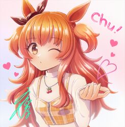 Rule 34 | 1girl, animal ears, blowing kiss, breasts, camisole, hand up, heart, horse ears, long hair, long sleeves, mayano top gun (umamusume), necktie, one eye closed, orange eyes, orange hair, pink background, puckered lips, shirt, simple background, sleeves past wrists, small breasts, solo, sound effects, two side up, umamusume, unajiru, upper body, white shirt
