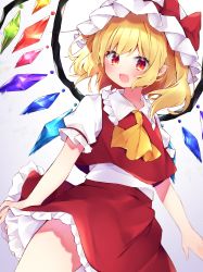 Rule 34 | 1girl, :d, ascot, blonde hair, bow, cowboy shot, crystal, eringikinono, fang, flandre scarlet, frilled shirt, frilled shirt collar, frilled skirt, frilled sleeves, frills, hat, hat bow, highres, looking at viewer, mob cap, one side up, open mouth, puffy short sleeves, puffy sleeves, red bow, red eyes, red skirt, red vest, shirt, short hair, short sleeves, skin fang, skirt, skirt set, smile, solo, standing, touhou, vest, white hat, white shirt, wind, wind lift, wings, yellow ascot