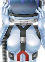 Rule 34 | 1girl, arms up, blue hair, blush, bodysuit, breasts, breath, commentary request, covered erect nipples, gloves, head out of frame, helmet, kikuhara karin, koyan1490, medium breasts, open mouth, pilot suit, skin tight, solo, spacesuit, stratos 4, visor, white bodysuit, white gloves