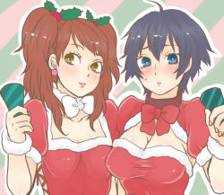 Rule 34 | 2girls, atlus, bad id, bad pixiv id, blue eyes, blue hair, blush, breasts, brown eyes, christmas, cleavage, cleavage cutout, clothing cutout, couple, embarrassed, kujikawa rise, large breasts, lips, long hair, long twintails, looking at viewer, majoccoid, multiple girls, persona, persona 4, red hair, santa costume, shirogane naoto, short hair, smile, twintails, upper body