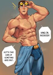 Rule 34 | 1boy, abs, bara, blue pants, brown hair, bulge, chest hair, dc comics, english text, goggles, goggles on head, highres, large pectorals, looking at viewer, male focus, muscular, muscular male, navel, nipples, open mouth, pants, pectorals, short hair, solo, ted kord, topless male, young justice, zink (zink mchn)
