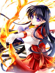 Rule 34 | 1girl, bishoujo senshi sailor moon, black hair, bow, bow (weapon), cowboy shot, earrings, elbow gloves, fire, flaming weapon, gloves, hino rei, holding, holding bow (weapon), holding weapon, jewelry, long hair, looking at viewer, magical girl, purple bow, purple eyes, red bow, red skirt, sailor mars, shirataki kaiseki, signature, skirt, smile, solo, star (symbol), star earrings, tiara, weapon, white background, white gloves