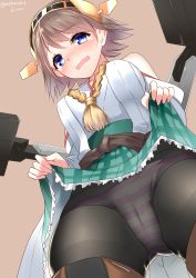 Rule 34 | 10s, 1girl, bad id, bad pixiv id, bare shoulders, blue eyes, boots, breasts, brown hair, cannon, detached sleeves, flipped hair, hair ornament, hairband, headgear, hiei (kancolle), highres, japanese clothes, kantai collection, medium breasts, nebusoku, nontraditional miko, open mouth, panties, panties under pantyhose, pantyhose, plaid, short hair, skirt, solo, striped clothes, striped panties, tears, thigh boots, thighhighs, turret, underwear