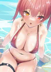 Rule 34 | 1girl, :o, bikini, blush, breasts, earrings, heart, heart earrings, heart necklace, heterochromia, highres, hololive, hololive fantasy, houshou marine, houshou marine (summer), jewelry, large breasts, looking at viewer, navel, necklace, o-ring, o-ring thigh strap, red bikini, red eyes, red hair, shimaketa, sitting, string bikini, swimsuit, thigh strap, twintails, virtual youtuber, water, wet, yellow eyes