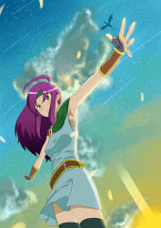 Rule 34 | 1990s (style), 1girl, belt, blue dress, cloud, dragon, dress, dutch angle, faris scherwiz, final fantasy, final fantasy v, fingerless gloves, from below, gloves, green eyes, headband, highres, long hair, outstretched arms, perspective, purple hair, retro artstyle, sarashi, short dress, sky, solo, spread arms, star (sky), starry sky, taneda (chato), thighhighs, zettai ryouiki