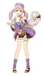 Rule 34 | 1girl, 3d, atelier (series), atelier shallie, bag, bare legs, belt, belt bag, black skirt, blush, bracelet, breasts, choker, coat, escha malier, female focus, frilled skirt, frills, full body, green eyes, hat, hidari (left side), jewelry, leg warmers, legs, looking at viewer, necklace, official art, open mouth, pink hair, sandals, short hair, short twintails, simple background, skirt, smile, solo, standing, sweater, tail, toes, twintails, white background