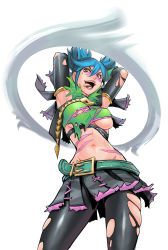 Rule 34 | 1girl, asymmetrical underboob, blue hair, breasts, highres, large breasts, multicolored hair, namco, navel, revealing clothes, soul calibur, soulcalibur, soulcalibur vi, tira (soulcalibur), torn clothes, two-tone hair