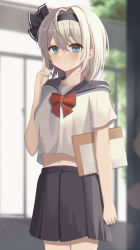 Rule 34 | 1girl, absurdres, alternate costume, aohane, blouse, blue eyes, blurry, blurry background, blush, bow, bowtie, breasts, closed mouth, commentary request, eyes visible through hair, fingernails, grey hair, grey hairband, grey ribbon, grey shirt, grey skirt, hair between eyes, hairband, hand up, highres, konpaku youmu, leaf, looking away, medium breasts, navel, note, pointing, red bow, red bowtie, ribbon, sailor collar, school uniform, serafuku, shirt, short hair, short sleeves, skirt, sky, solo, standing, touhou, tree, wall, white sky, window