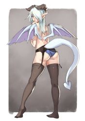 Rule 34 | 1girl, ass, back, blue hair, blue panties, brown thighhighs, demon girl, demon horns, demon tail, demon wings, from behind, full body, garter belt, garter straps, hair over one eye, highres, horns, lace, lace-trimmed panties, lace trim, legs apart, lilim (monster girl encyclopedia), long hair, looking at viewer, looking back, monster girl encyclopedia, no bra, original, panties, parted lips, pink lips, pointy ears, red eyes, solo, standing, tail, thighhighs, topless, underwear, vins-mousseux, wings