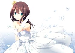 Rule 34 | 10s, 1girl, bare shoulders, breasts, brown hair, bug, butterfly, closed mouth, commentary request, crown, dress, elbow gloves, gloves, green eyes, hand in own hair, idolmaster, idolmaster cinderella girls, insect, long hair, looking at viewer, medium breasts, mini crown, nagami yuu, petals, shibuya rin, smile, solo, upper body, wedding dress, white dress, white gloves
