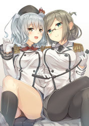 Rule 34 | 10s, 2girls, :d, absurdres, beret, black socks, breast press, breasts, brown hair, crossed legs, epaulettes, folded ponytail, glasses, gloves, green eyes, hat, highres, kantai collection, kashima (kancolle), katori (kancolle), kneehighs, large breasts, military, military uniform, miniskirt, multiple girls, open mouth, pantyhose, pointer, ruma imaginary, side-by-side, silver hair, skirt, smile, socks, twintails, uniform, upskirt, white gloves