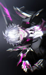 Rule 34 | 1boy, ascot, black background, black coat, blood, blood drip, blood on clothes, blood on face, blood on hands, bloody weapon, blue eyes, charles-henri sanson (fate), chromatic aberration, coat, fate/grand order, fate (series), high collar, highres, holding, holding sword, holding weapon, koshika rina, male focus, pink ascot, pink blood, shirt, smile, solo, sword, weapon, white hair, white shirt