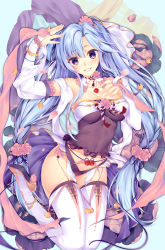 Rule 34 | 1girl, absurdres, bare shoulders, bell, blue hair, blush, boots, breasts, bridal gauntlets, commentary request, covered navel, flower, gloves, hair flower, hair ornament, hairclip, hairpin, hand up, highres, jewelry, jingle bell, jumping, long hair, looking at viewer, medium breasts, mikuni romance, necklace, open clothes, open skirt, panties, pastel colors, purple eyes, purple panties, purple skirt, sangoku romance, skirt, smile, solo, thigh boots, thighhighs, twintails, underwear, veil, very long hair, white gloves