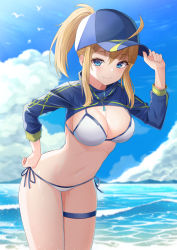 Rule 34 | 1girl, absurdres, ahoge, artoria pendragon (fate), bad id, bad pixiv id, baseball cap, beach, bikini, blonde hair, blue eyes, blue hat, blue jacket, blue sky, blush, breasts, cleavage, closed mouth, cropped jacket, day, fate/grand order, fate (series), guntree, hair between eyes, hair through headwear, hat, highres, jacket, large breasts, long hair, long sleeves, looking at viewer, md5 mismatch, mysterious heroine x (fate), mysterious heroine xx (fate), navel, ocean, ponytail, resolution mismatch, shrug (clothing), side-tie bikini bottom, sidelocks, sky, smile, solo, source smaller, swimsuit, thigh strap, white bikini, zipper pull tab