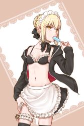Rule 34 | 1girl, apron, apron lift, artoria pendragon (alter swimsuit rider) (fate), artoria pendragon (alter swimsuit rider) (second ascension) (fate), artoria pendragon (fate), black bow, black bra, black jacket, black neckwear, black skirt, black thighhighs, blonde hair, bow, bra, braid, braided bun, breasts, choker, cleavage, clothes lift, cowboy shot, eating, fate/grand order, fate (series), food, frilled apron, frilled bra, frilled skirt, frills, groin, hair bow, hair bun, highres, holding, holding food, hood, hood down, hooded jacket, ice cream, jacket, lifted by self, long sleeves, maid headdress, midriff, miniskirt, navel, open clothes, open jacket, popsicle, shayubi, short hair, sideboob, skirt, small breasts, solo, standing, stomach, thigh strap, thighhighs, underwear, unzipped, waist apron, white apron, yellow eyes