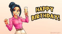 Rule 34 | 1girl, belt, black eyes, black hair, breasts, brown belt, champagne flute, chi-chi (dragon ball), collared shirt, cowboy shot, cup, dragon, dragon ball, dragon ball (classic), dragonball z, dress shirt, drinking glass, earrings, english text, facing viewer, female focus, grin, hair bun, happy birthday, jewelry, looking at viewer, medium breasts, medium hair, necklace, nortuet, parted bangs, pearl necklace, pink shirt, shirt, simple background, single hair bun, small breasts, smile, solo, standing, wing collar