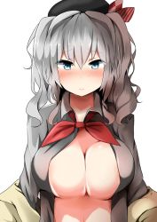Rule 34 | 10s, 1girl, blue eyes, blush, breasts, female focus, hat, highres, kantai collection, kashima (kancolle), large breasts, long hair, looking at viewer, no bra, open clothes, open shirt, shirt, silver hair, simple background, solo, upper body, white background, yuzuki himuka