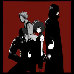 Rule 34 | 1girl, 3boys, bob cut, border, coat, hair over eyes, hitodama, japanese clothes, monochrome, multiple boys, muscular, oguchi, original, red background, short hair, simple background, spot color, standing