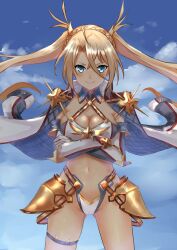 Rule 34 | 1girl, armor, art itou, bikini armor, blonde hair, blue eyes, blush, bradamante (fate), braid, breasts, cameltoe, cleavage, coat, coat on shoulders, crossed arms, crown braid, elbow gloves, fate/grand order, fate (series), gloves, gunbuster pose, hair between eyes, highres, hip armor, large breasts, long hair, looking at viewer, open clothes, open coat, smile, solo, thigh strap, thighs, twintails, two-sided coat, two-sided fabric, warrior, white coat, wing collar