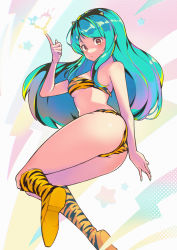 Rule 34 | 1girl, absurdres, aqua hair, ass, bare arms, bare shoulders, bikini, blush, boots, breasts, brown eyes, commentary request, cone horns, full body, hands up, heart, highres, horns, itou kazuki, knee boots, long hair, looking at viewer, lum, medium breasts, oni, pointy ears, print bikini, shiny skin, simple background, solo, star (symbol), swimsuit, thighs, tiger stripes, urusei yatsura